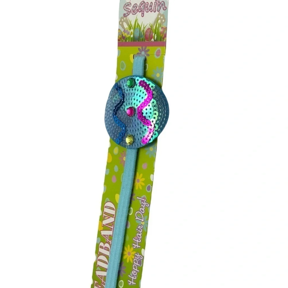 Sassy Sequin Easter Headband Elasticized Band Easter Egg Blue